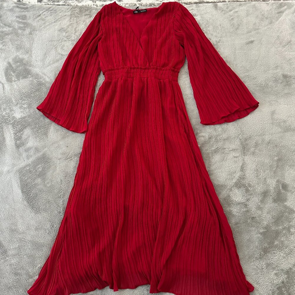 Zara Red Pleated Midi Dress